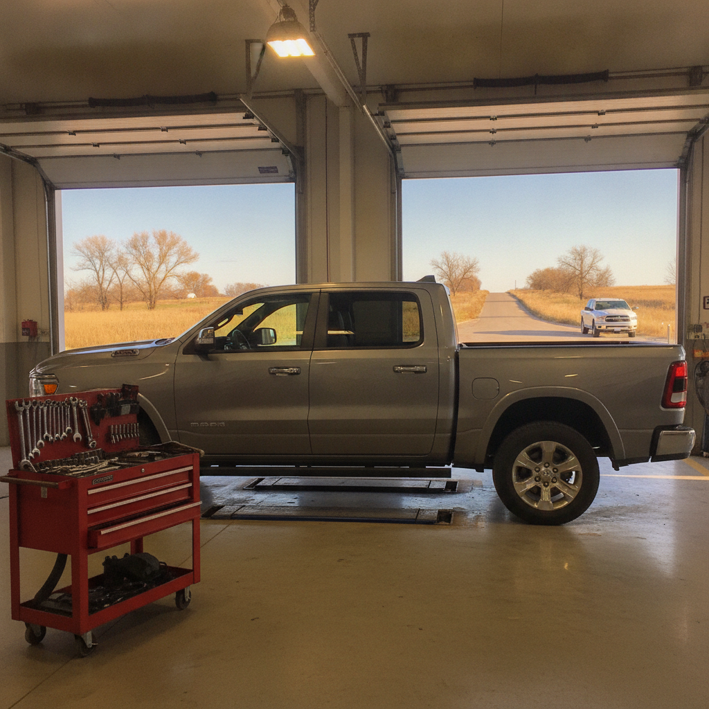 pickup parked in a shop bay with the overhead door open