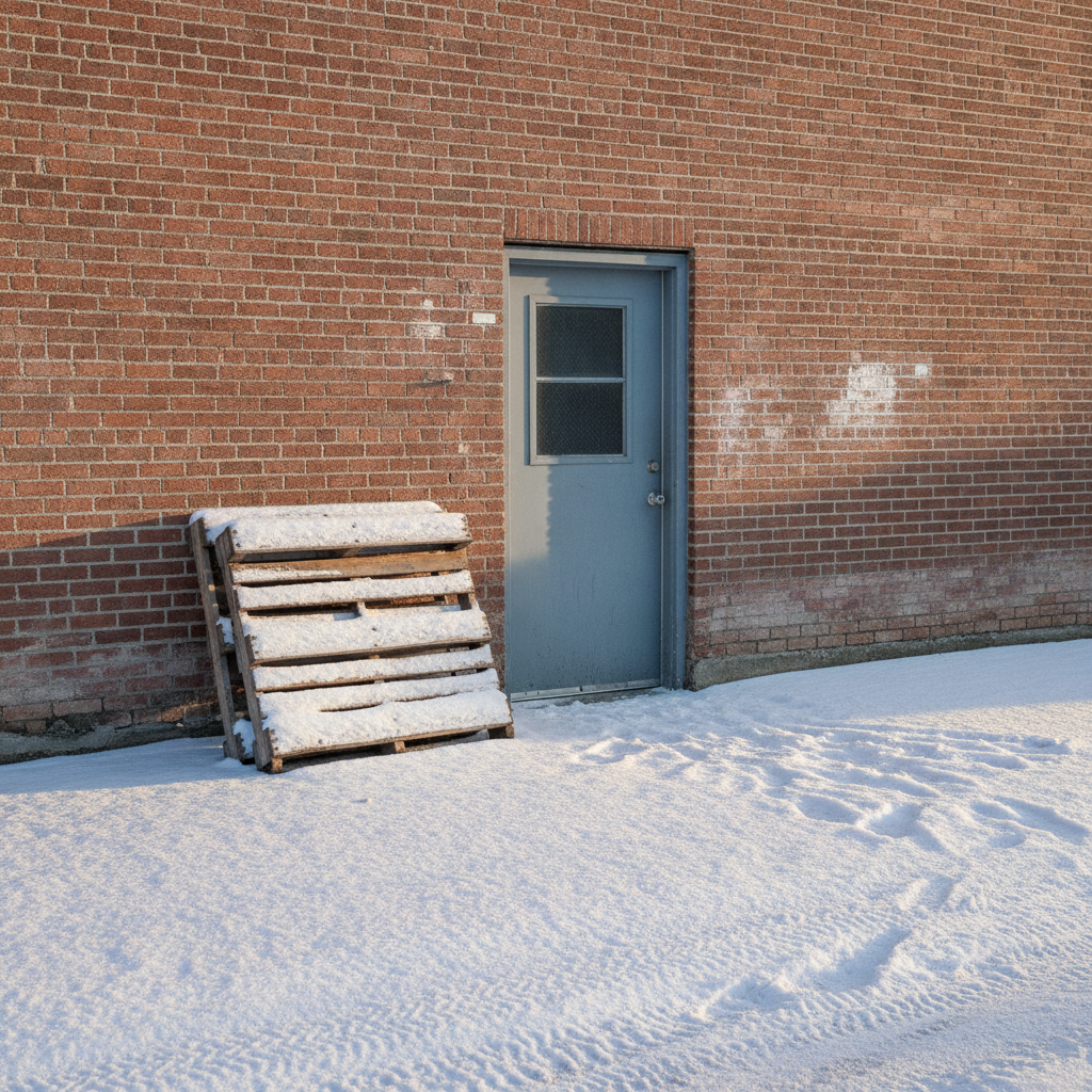 back lane loading area behind a small prairie town business on a winter morning