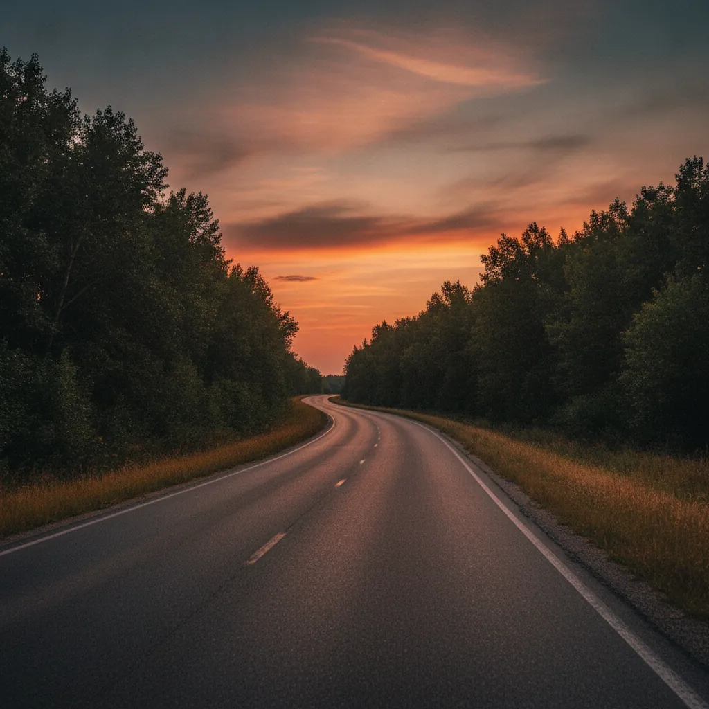 curve of empty prairie highway at dusk with dense bush close to both shoulders