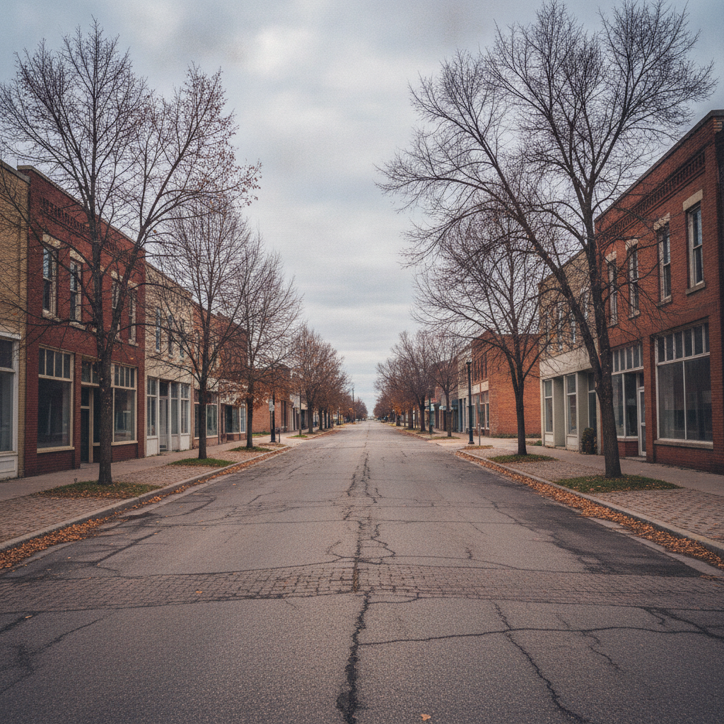 quiet prairie town street on an overcast autumn afternoon with low brick buildings and bare trees
