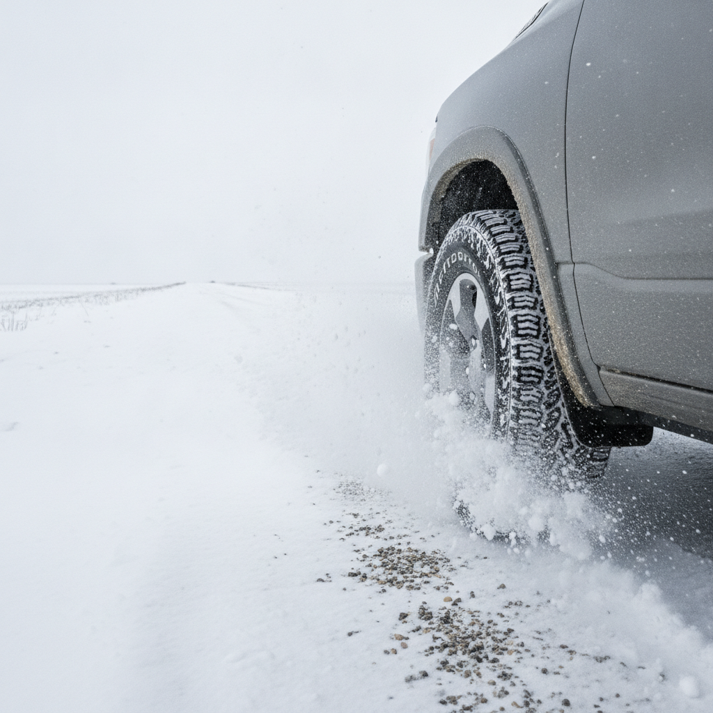 Ram 1500 tire rolling through fresh snow on a prairie gravel road