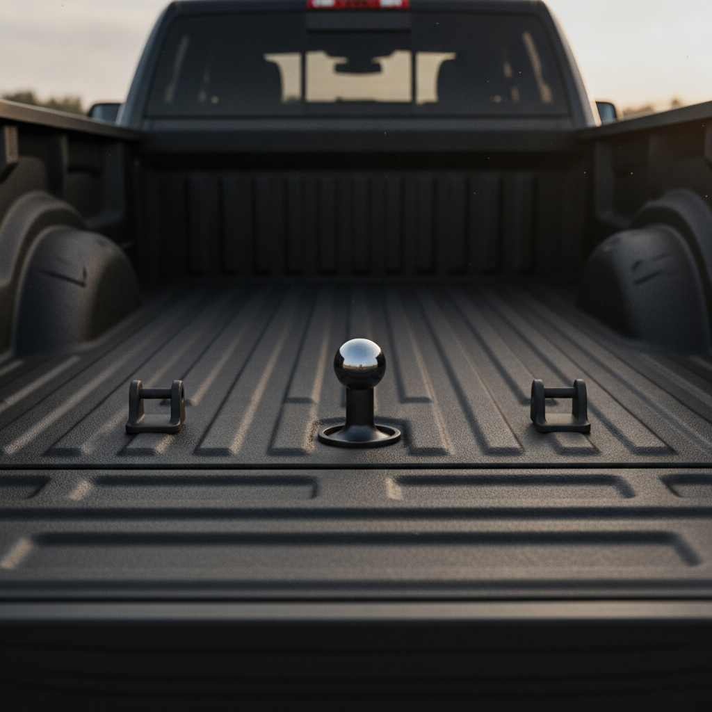 Gooseneck hitch ball mounted in the bed of a Ram heavy duty pickup