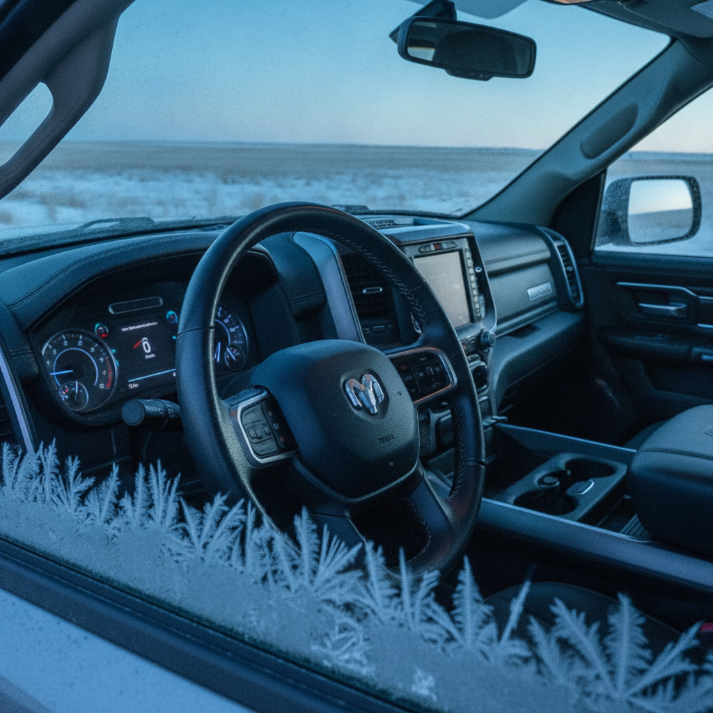heated leather wrapped steering wheel and dashboard in a truck cab on a frosty prairie morning