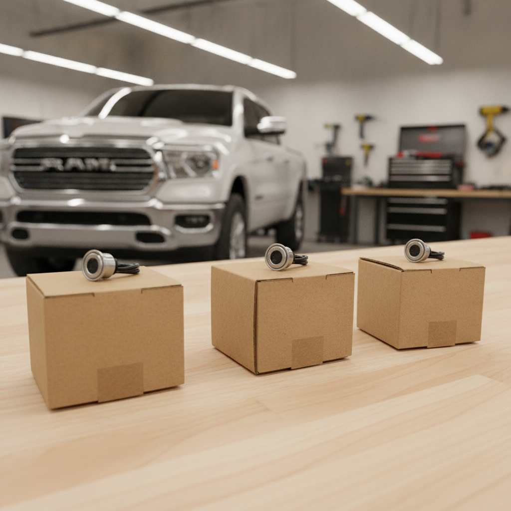 three small automotive sensors in plain boxes arranged on a workbench