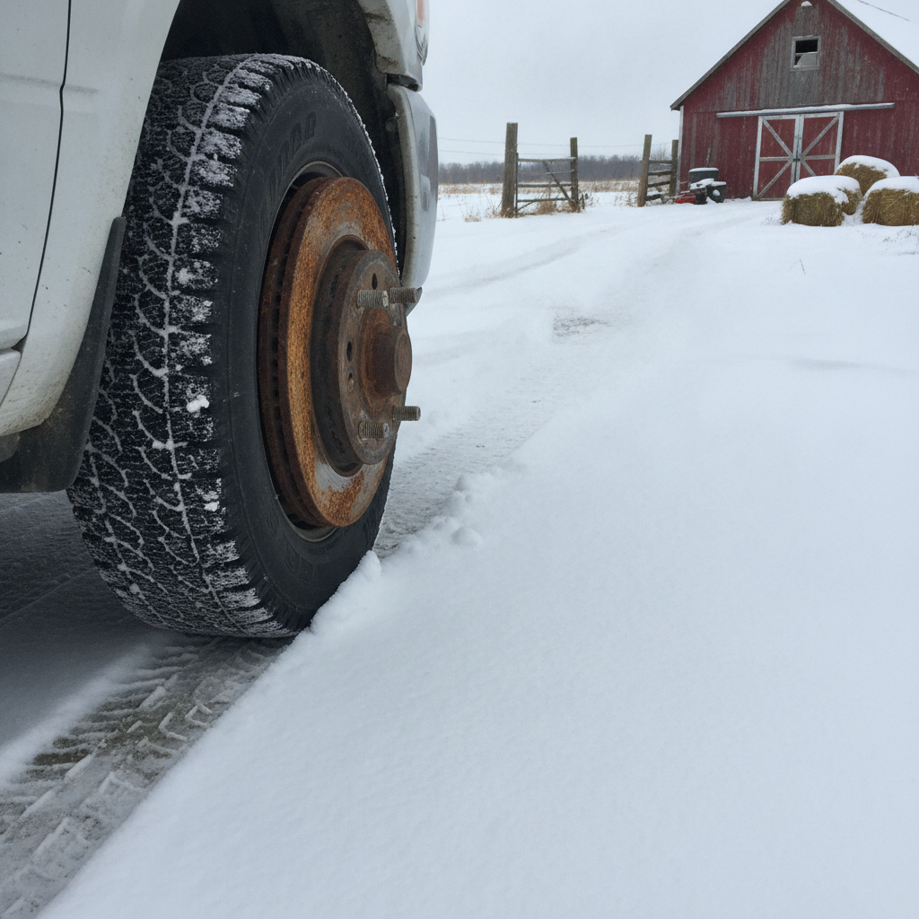 corroded disc brake rotor with a pitted face on a vehicle parked in a snowy farmyard