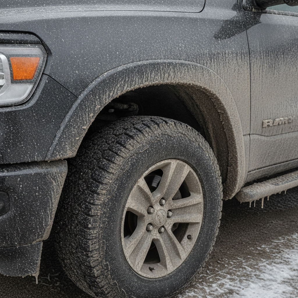 salt and brine crusted wheel well and lower body panel after winter driving