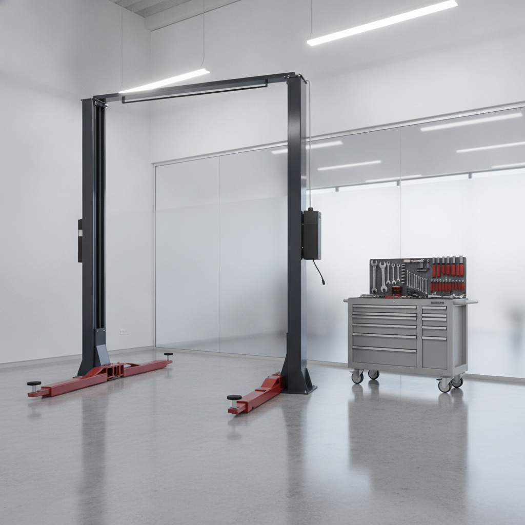 clean dealership service bay with an empty raised two post hoist and a tool cart