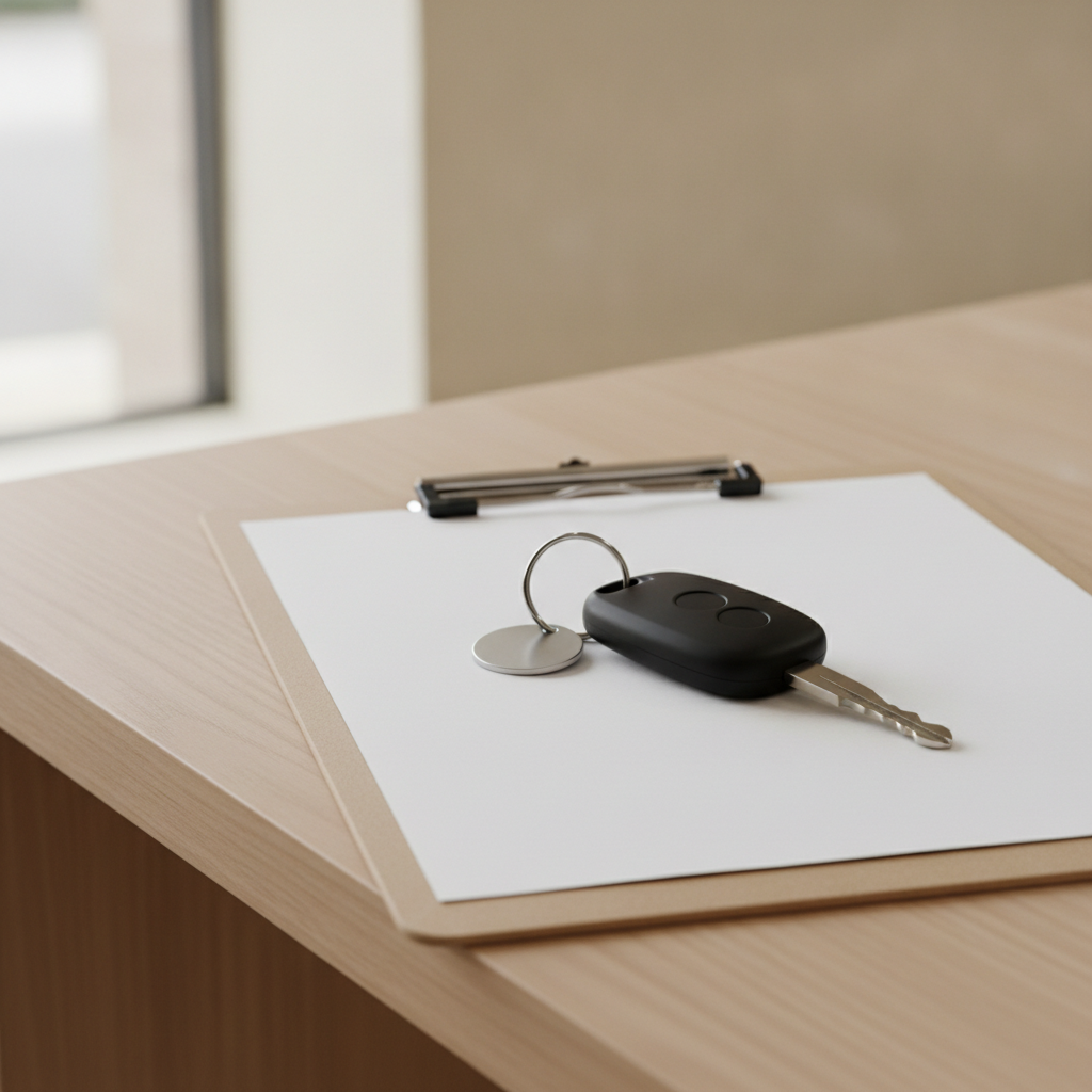 clipboard with blank paperwork and vehicle keys on a service counter