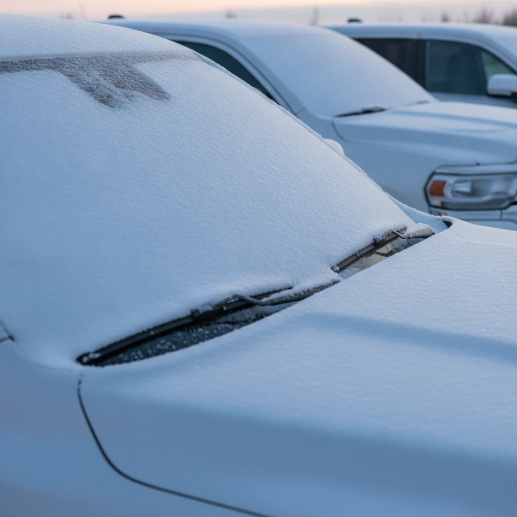 snow covered windshield with wiper blades resting under fresh snow in morning light