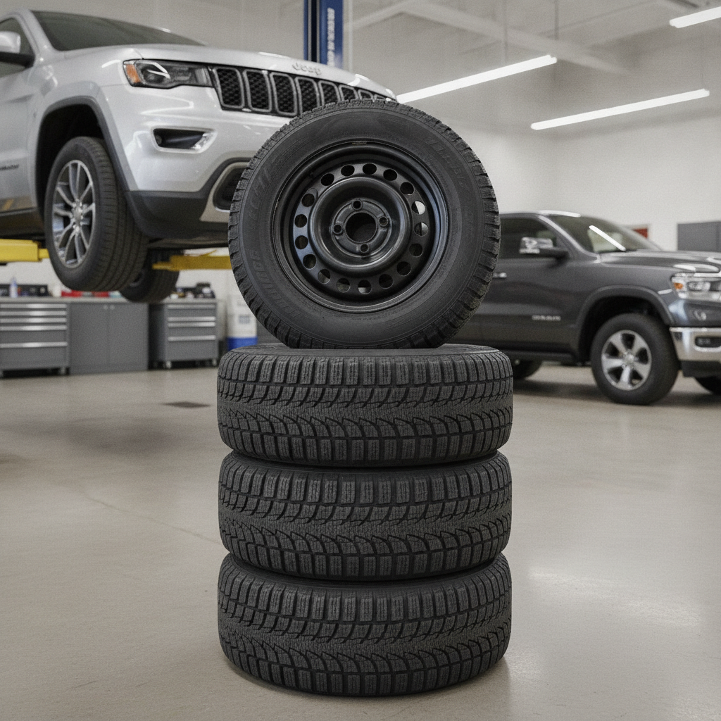four SUV winter tires mounted on black steel wheels in a dealership service bay