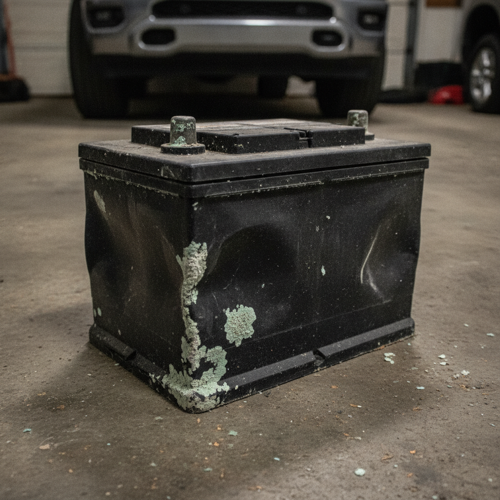 old truck battery with a swollen, corrosion stained case on a shop floor