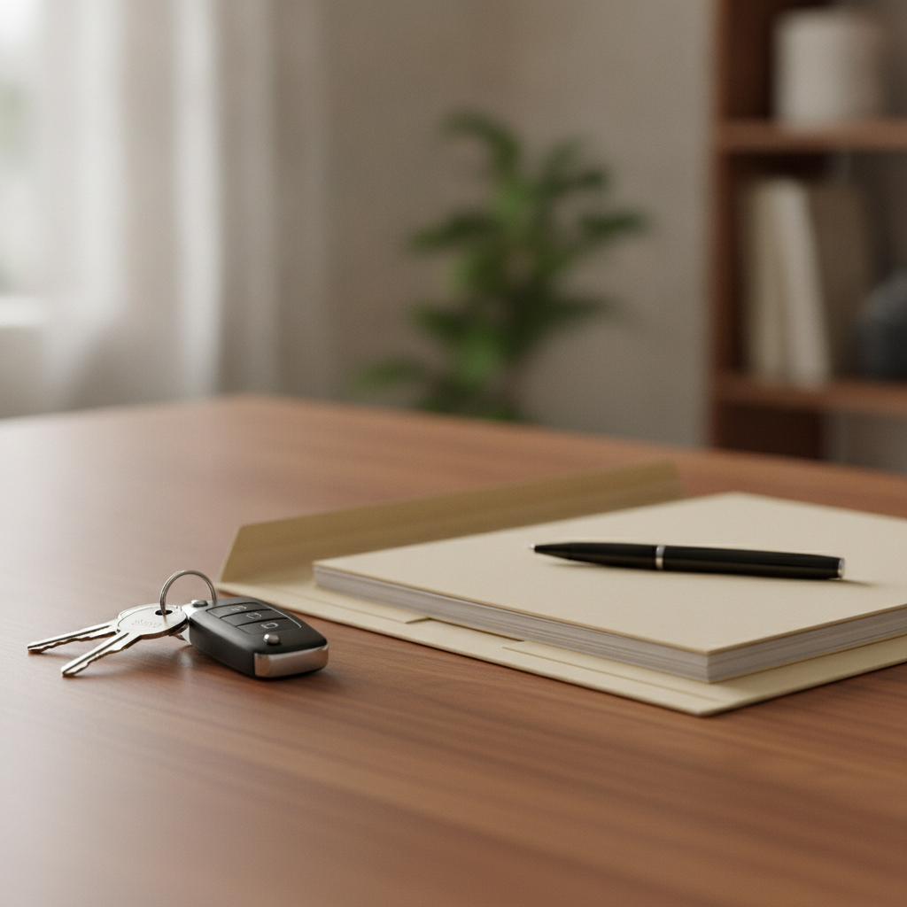 vehicle keys, a folder of paperwork and a pen on a tidy wooden desk