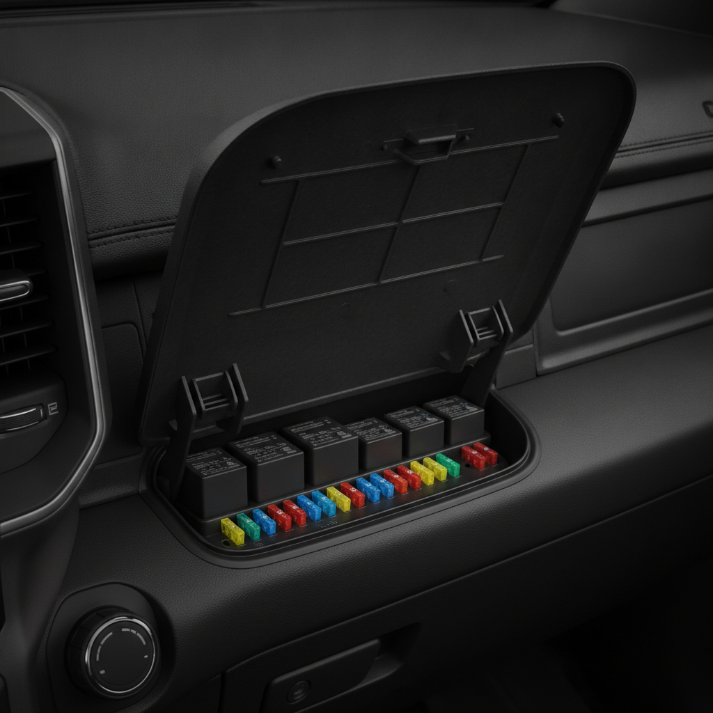 open truck fuse box with rows of coloured blade fuses and relays