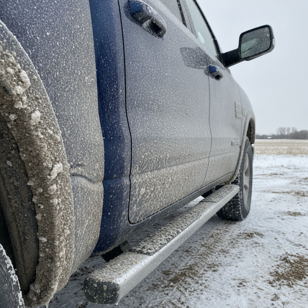 salt crusted rocker panel and lower door seam on a truck after a prairie winter