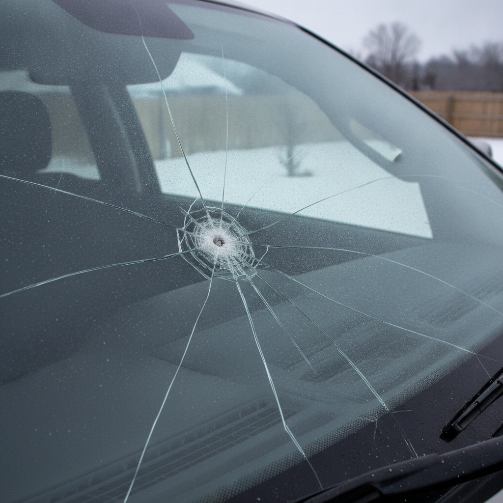 cracks running out from an impact point toward the edges of a pickup windshield in winter