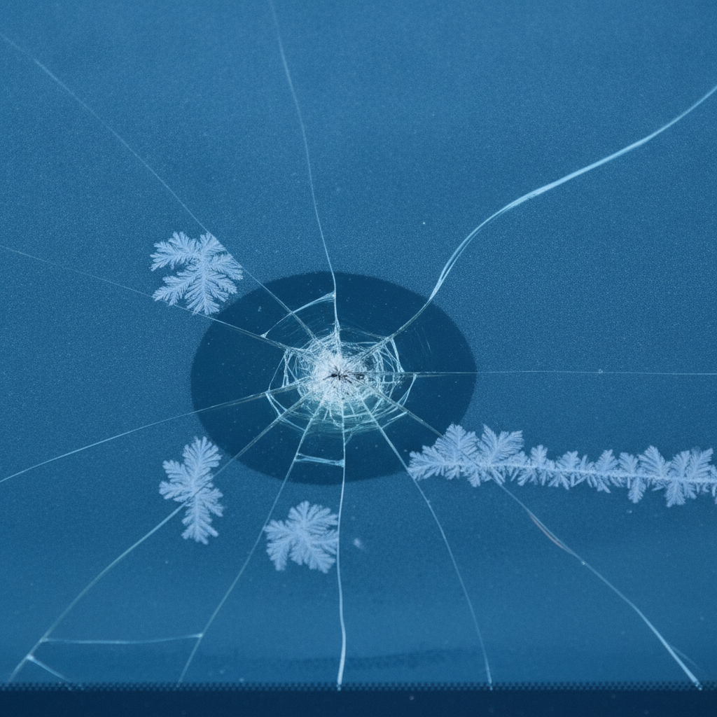star break in windshield glass with a long crack running from it and frost forming on the surface