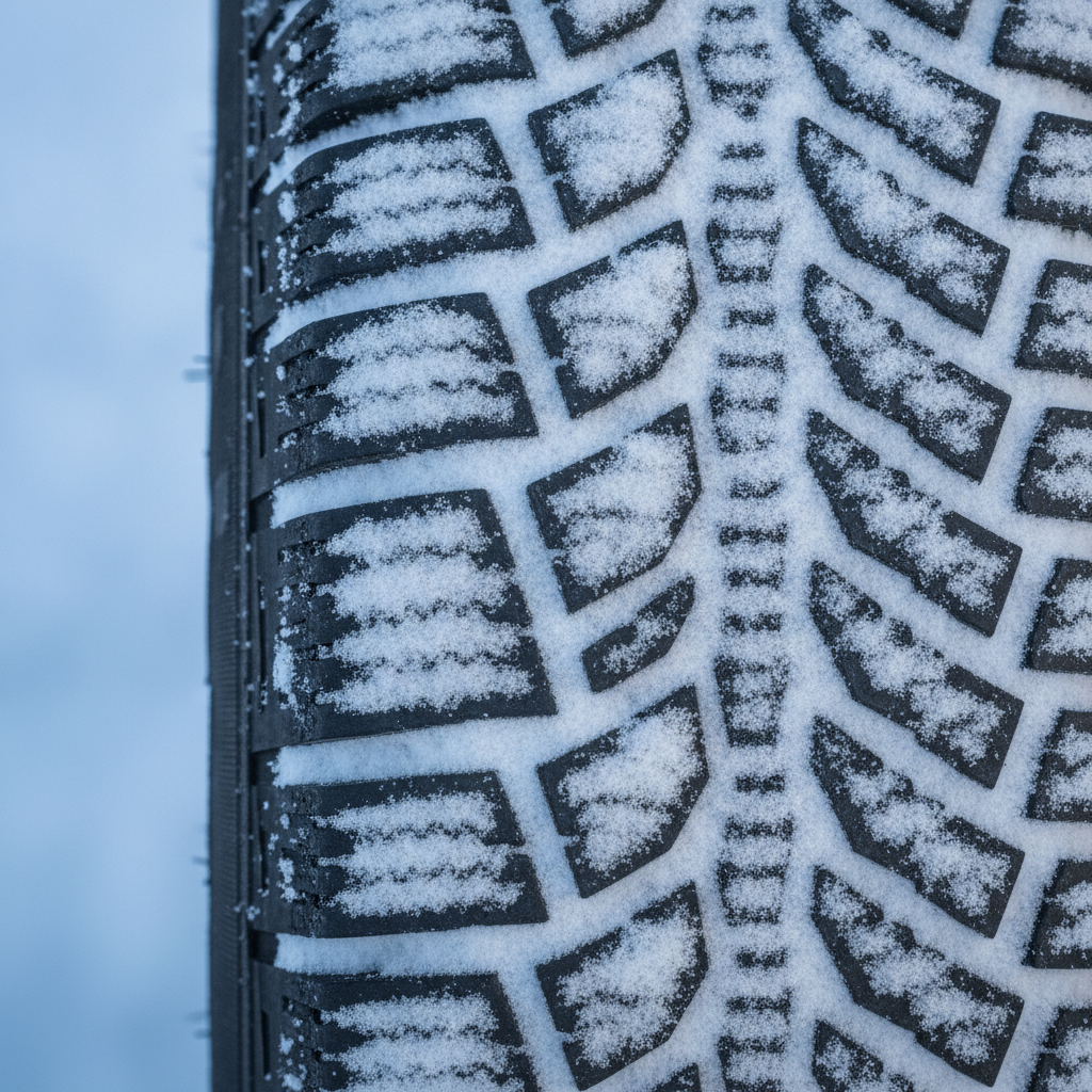 close up of winter tire tread packed with fresh snow showing sipes and biting edges