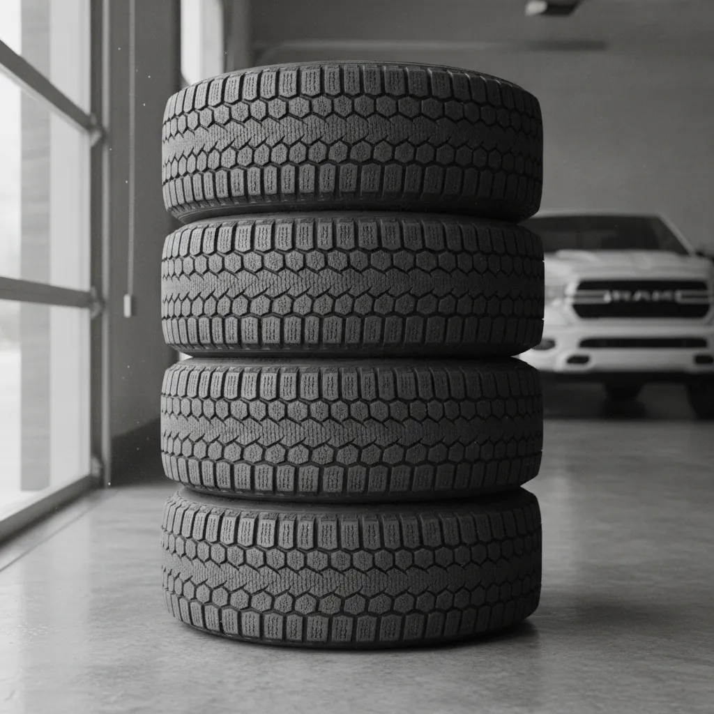 four winter truck tires mounted on steel wheels stacked on a garage floor