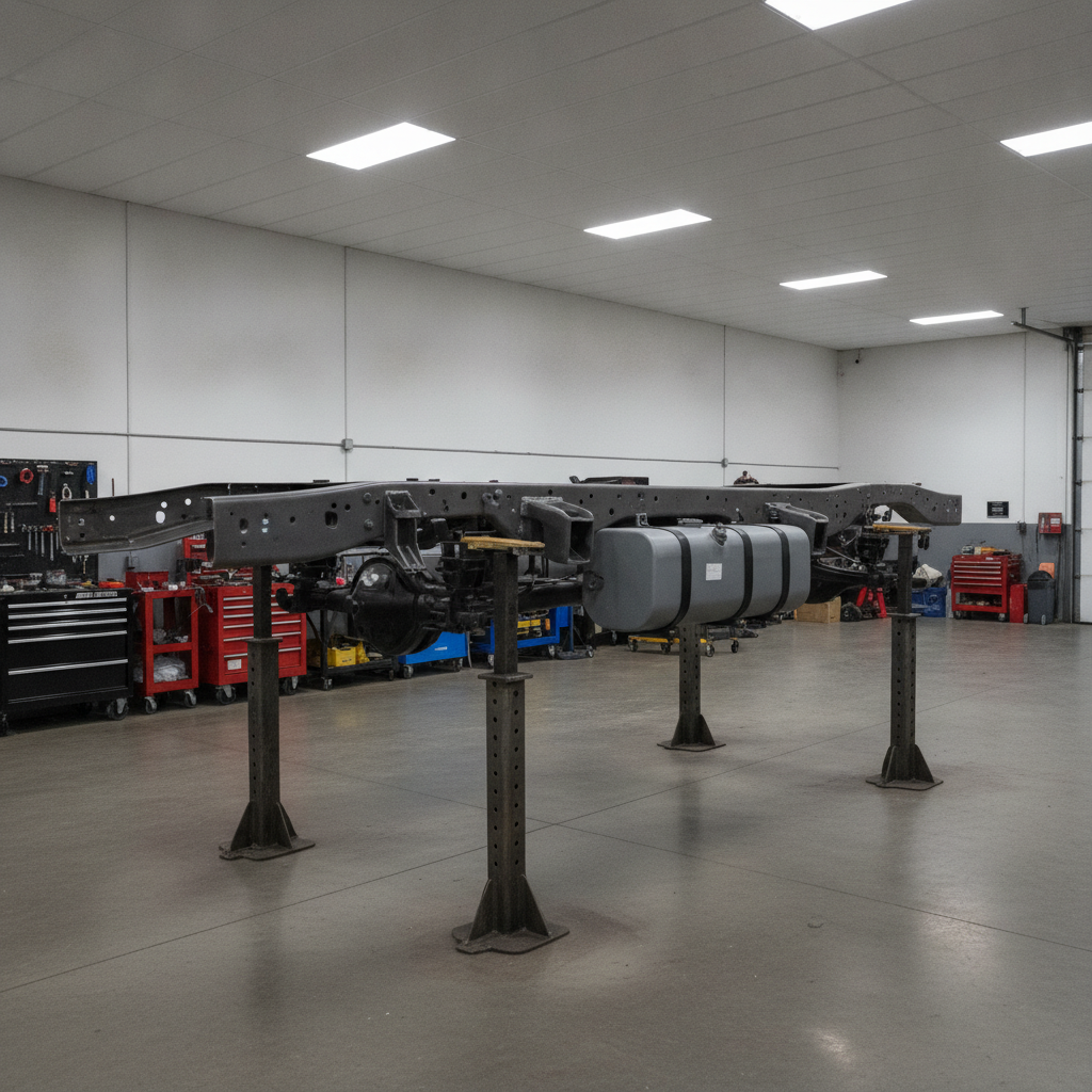 bare ladder frame rails of a heavy truck chassis on stands in an upfitter shop