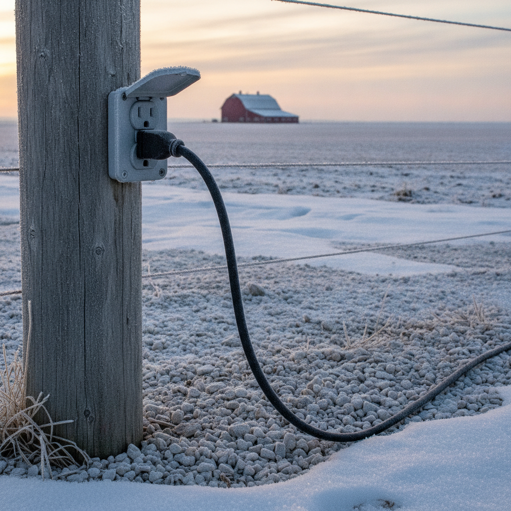 extension cord plugged into an outlet on a frosty fence post on a Manitoba farm at sunrise