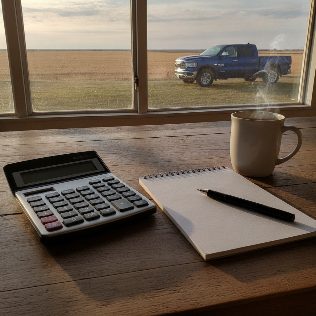 calculator, blank notepad and coffee mug on a farmhouse kitchen table with a prairie view