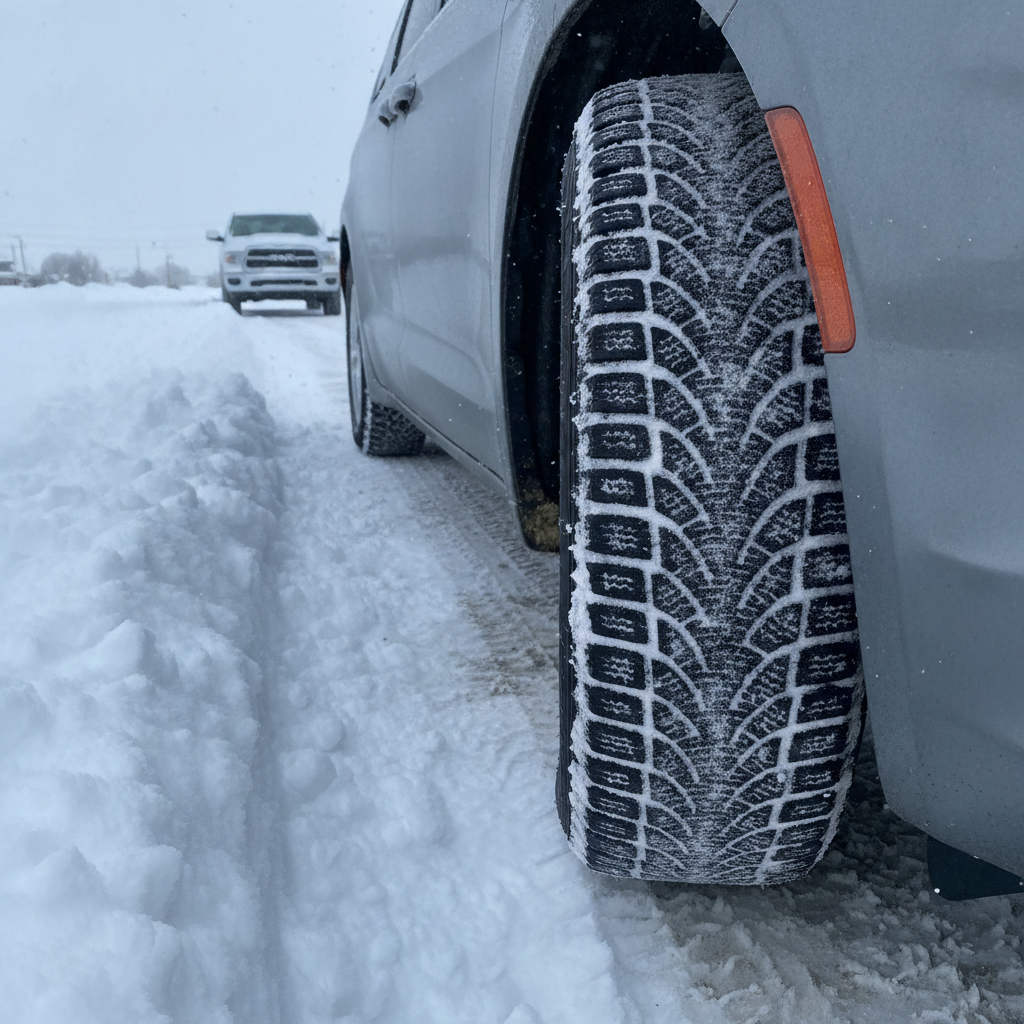 winter tire tread packed with snow on a minivan parked on a plowed street