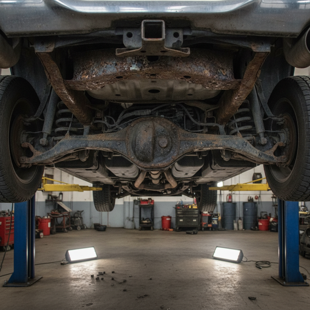 underside of a pickup on a hoist showing a corroded frame rail and rear suspension