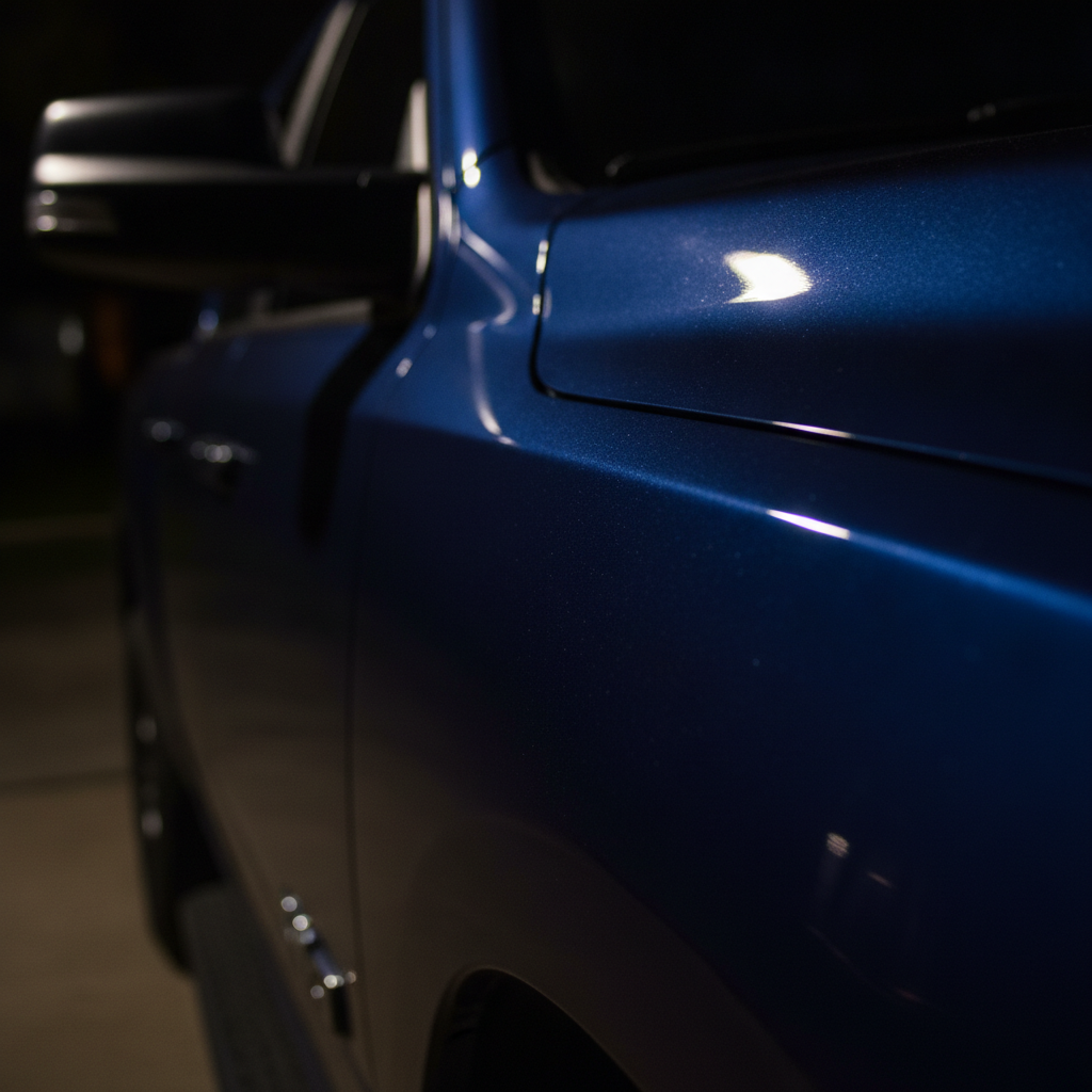 deep metallic blue paint at night under a yard light reading almost black