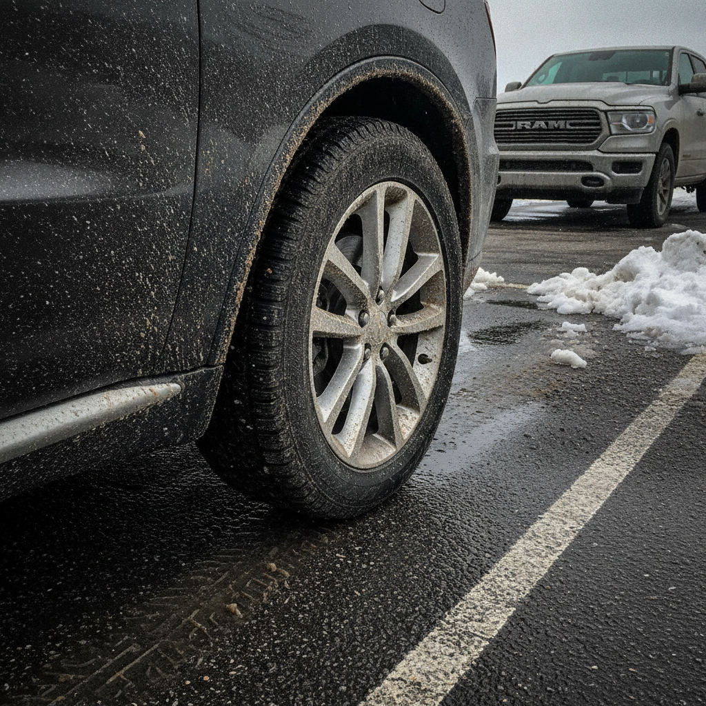 20 inch aluminum alloy wheel and tire covered in road salt and winter grime