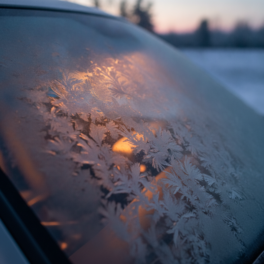 frost crystals across a windshield at dawn with a faint warm glow behind the glass