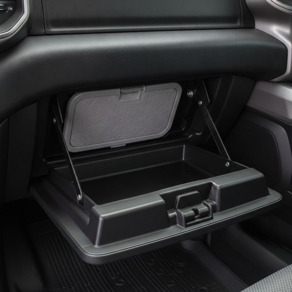 open glove compartment swung down revealing the cabin air filter housing behind it