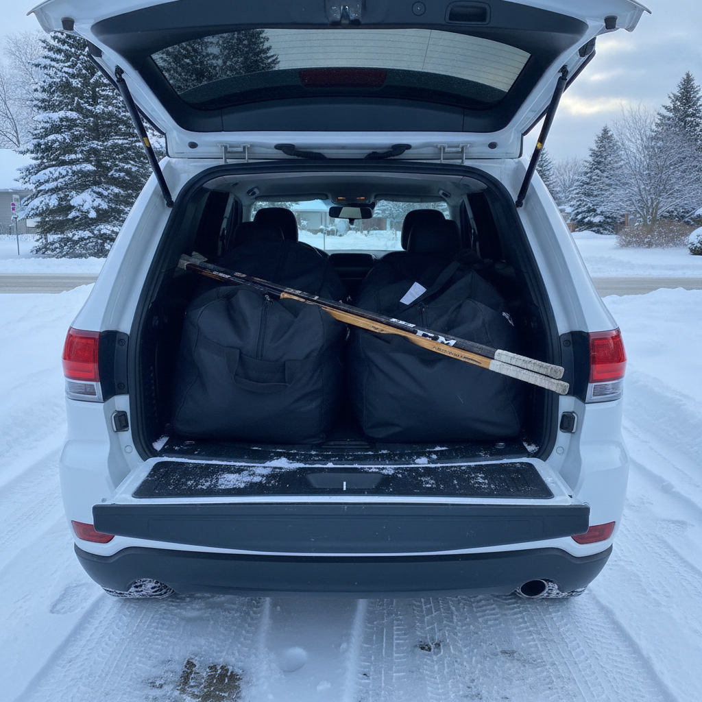 Hockey bags and sticks loaded in the cargo area of a Jeep Grand Cherokee in a snowy driveway