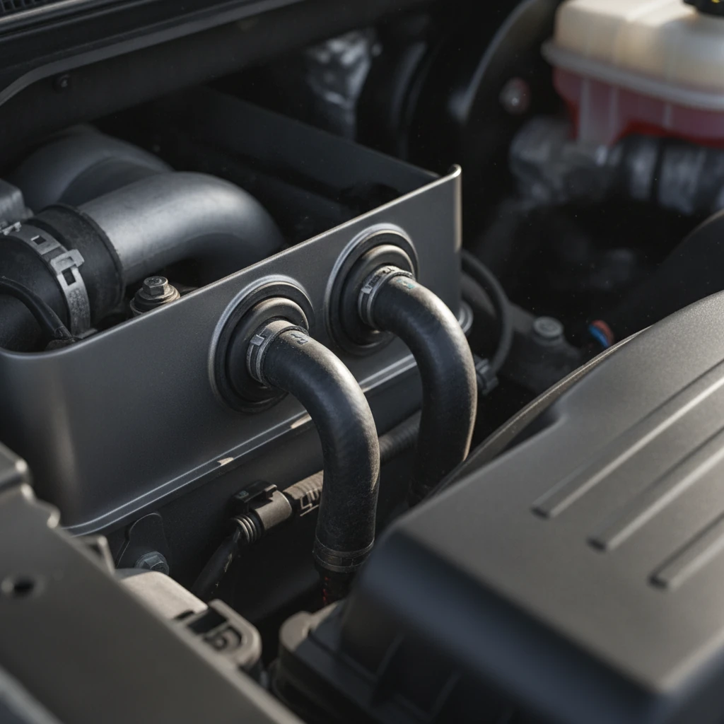 two heater hoses passing through the firewall in a truck engine bay