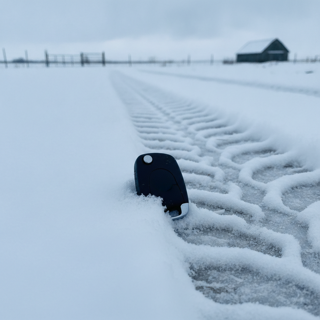 a key fob lying half buried in snow beside a tire track in a farmyard