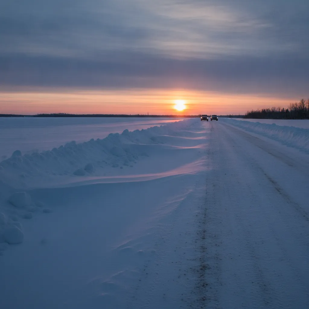 rural Manitoba grid road at dusk with windrows of plowed snow along both shoulders