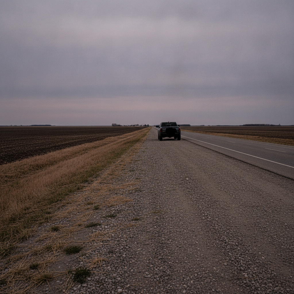 empty rural Manitoba highway shoulder at dusk with flat farm fields