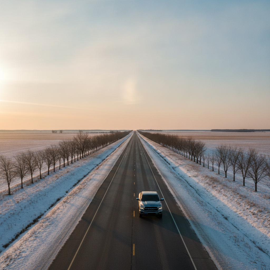 pickup on a prairie highway lined with bare trees and first snow at dawn