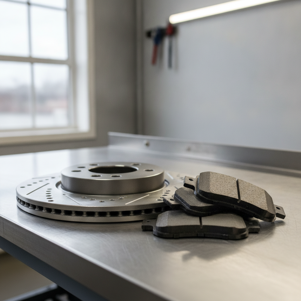 a new disc brake rotor beside a matched set of new brake pads on a workbench