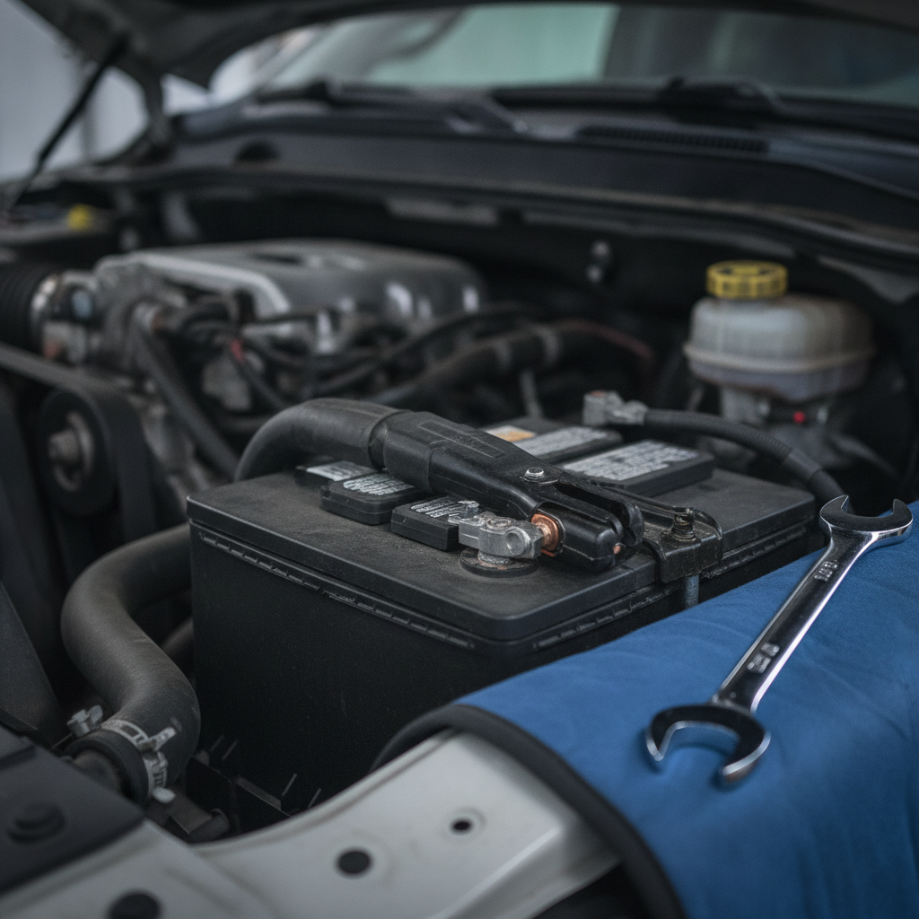pickup truck battery under the hood with the terminal clamp secured