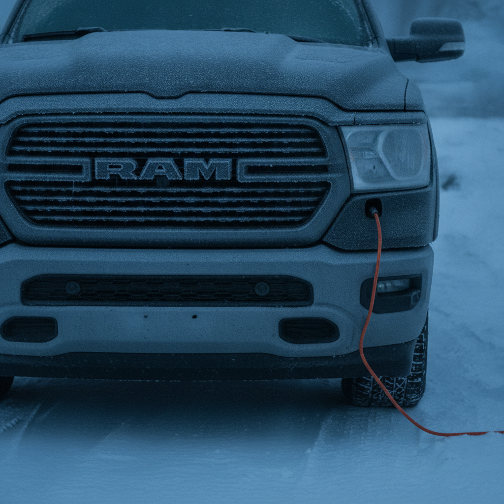 block heater cord plugged in at the grille of a frosty pickup truck