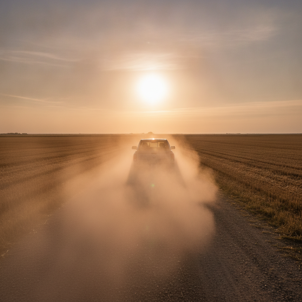pickup truck trailing a dust plume down a gravel road beside a harvested field
