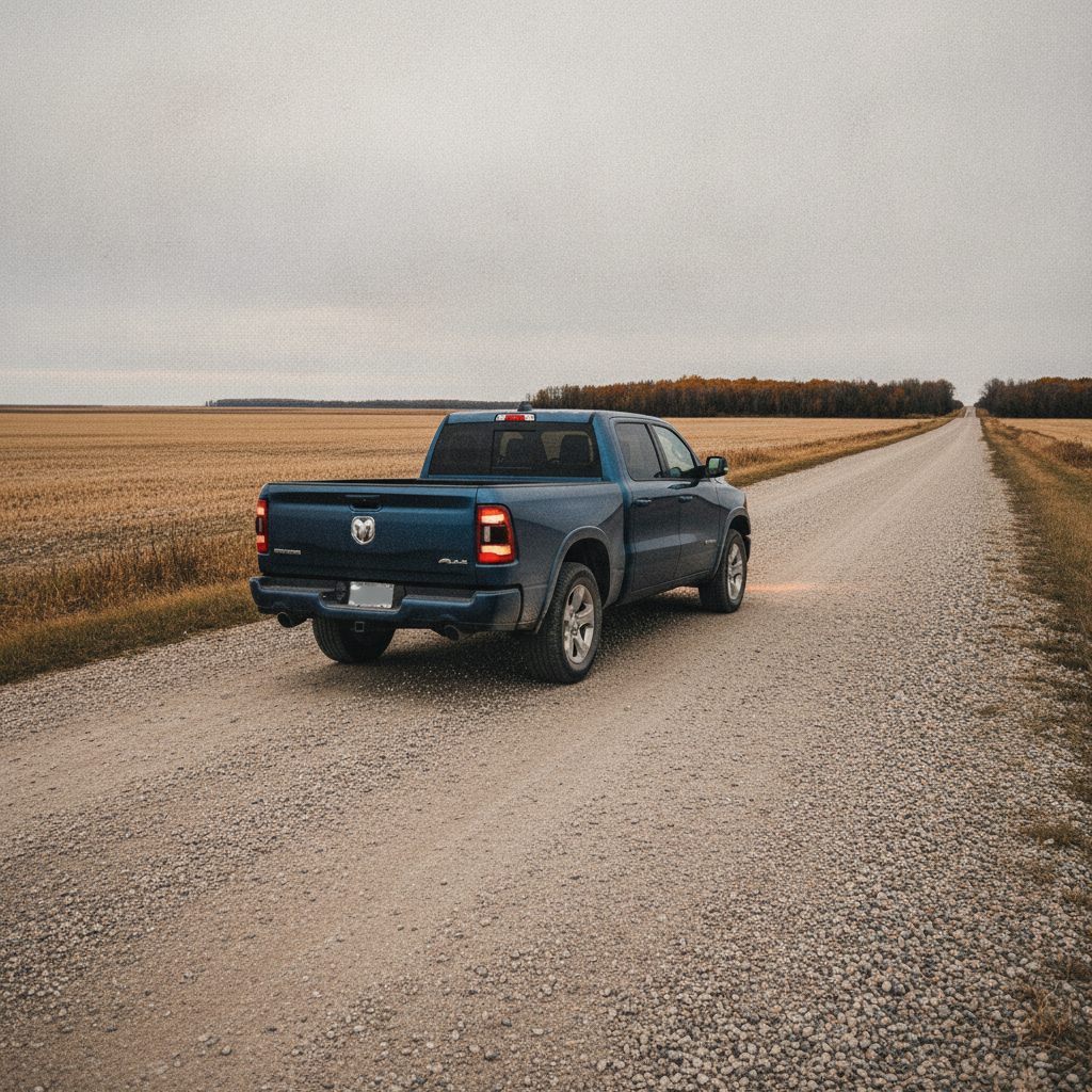 pickup pulled onto the shoulder of a prairie gravel road with hazard lights on