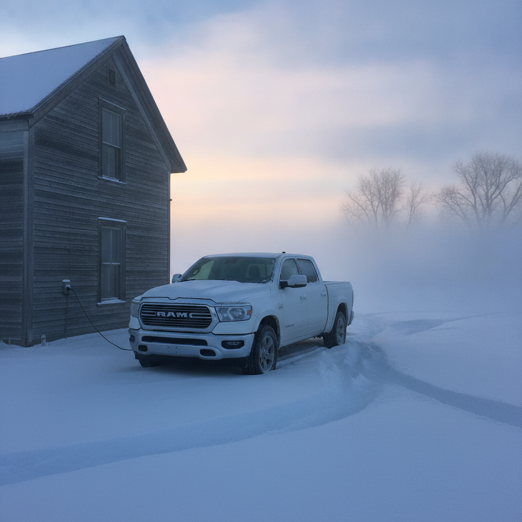 pickup plugged in outside a prairie farmhouse on a frigid January morning