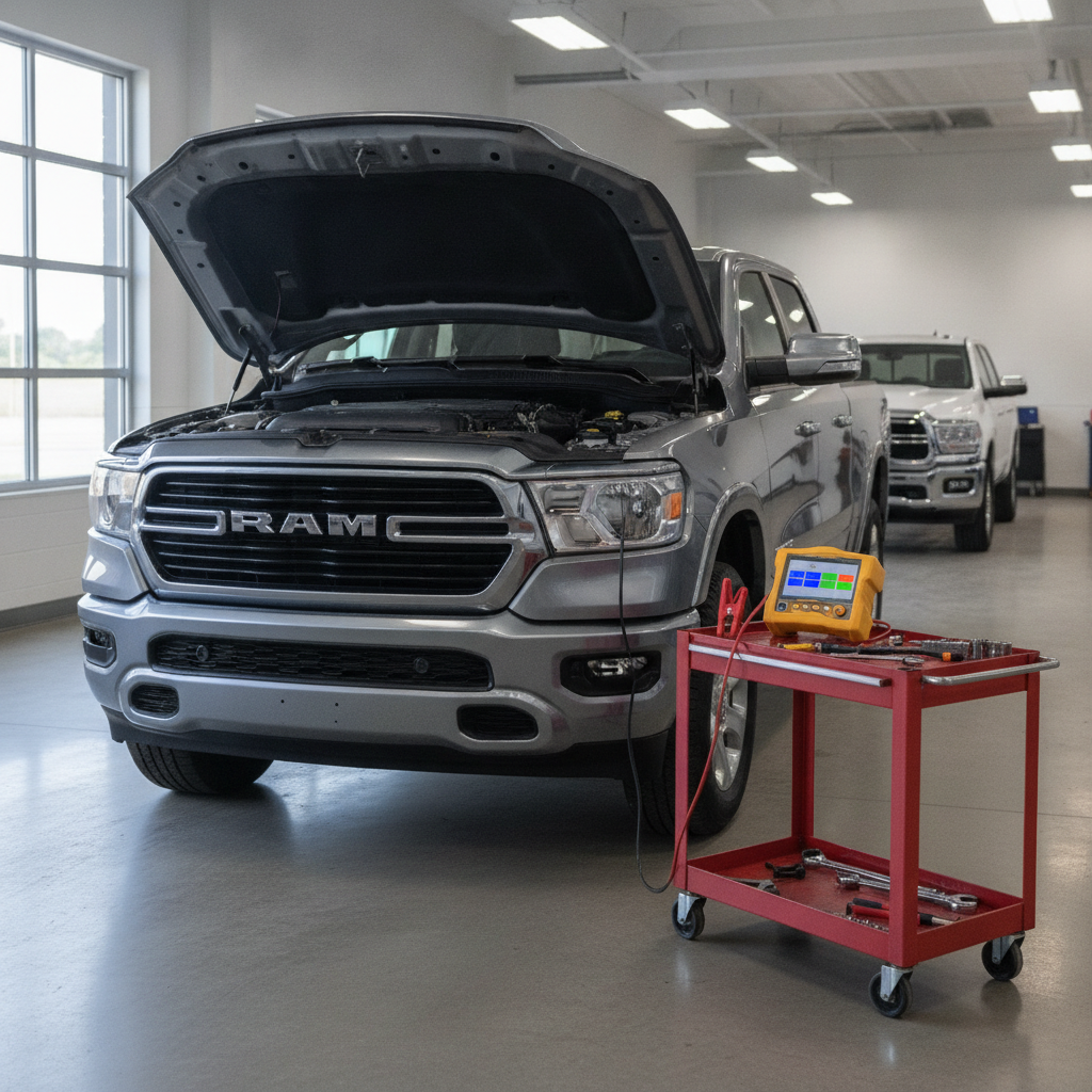 pickup truck with its hood open in a service bay beside a battery tester on a tool cart