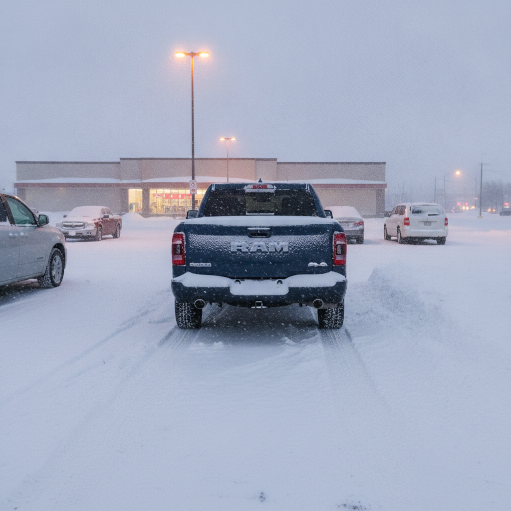 pickup truck parked in a snowy small town parking lot at dusk near snowbanks