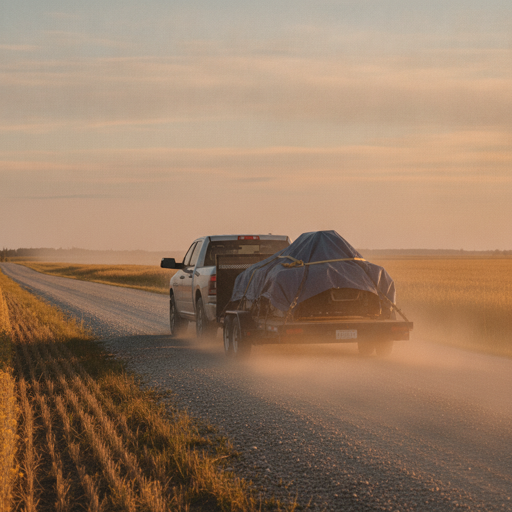 pickup truck towing a loaded utility trailer on a dusty Manitoba gravel grid road