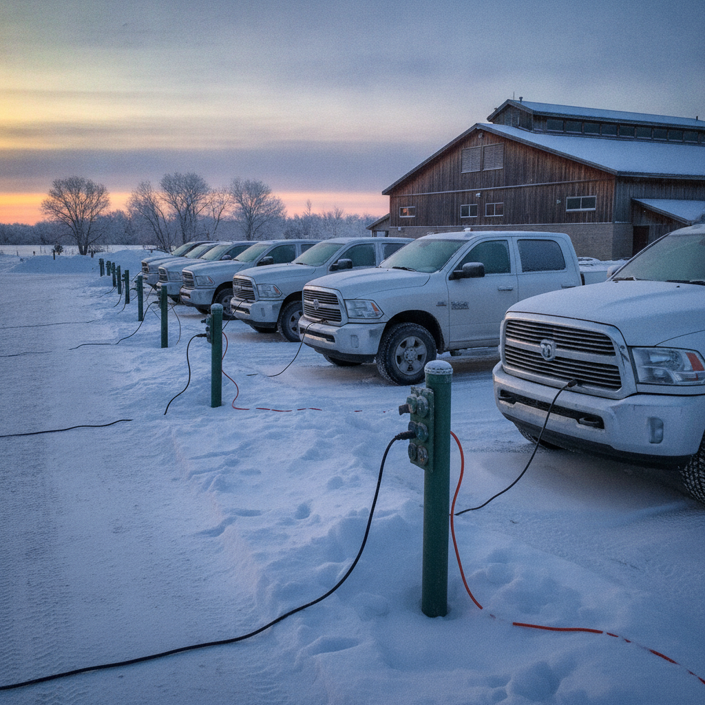 Ram pickups plugged in with block heater cords in a snowy rural lot at dusk