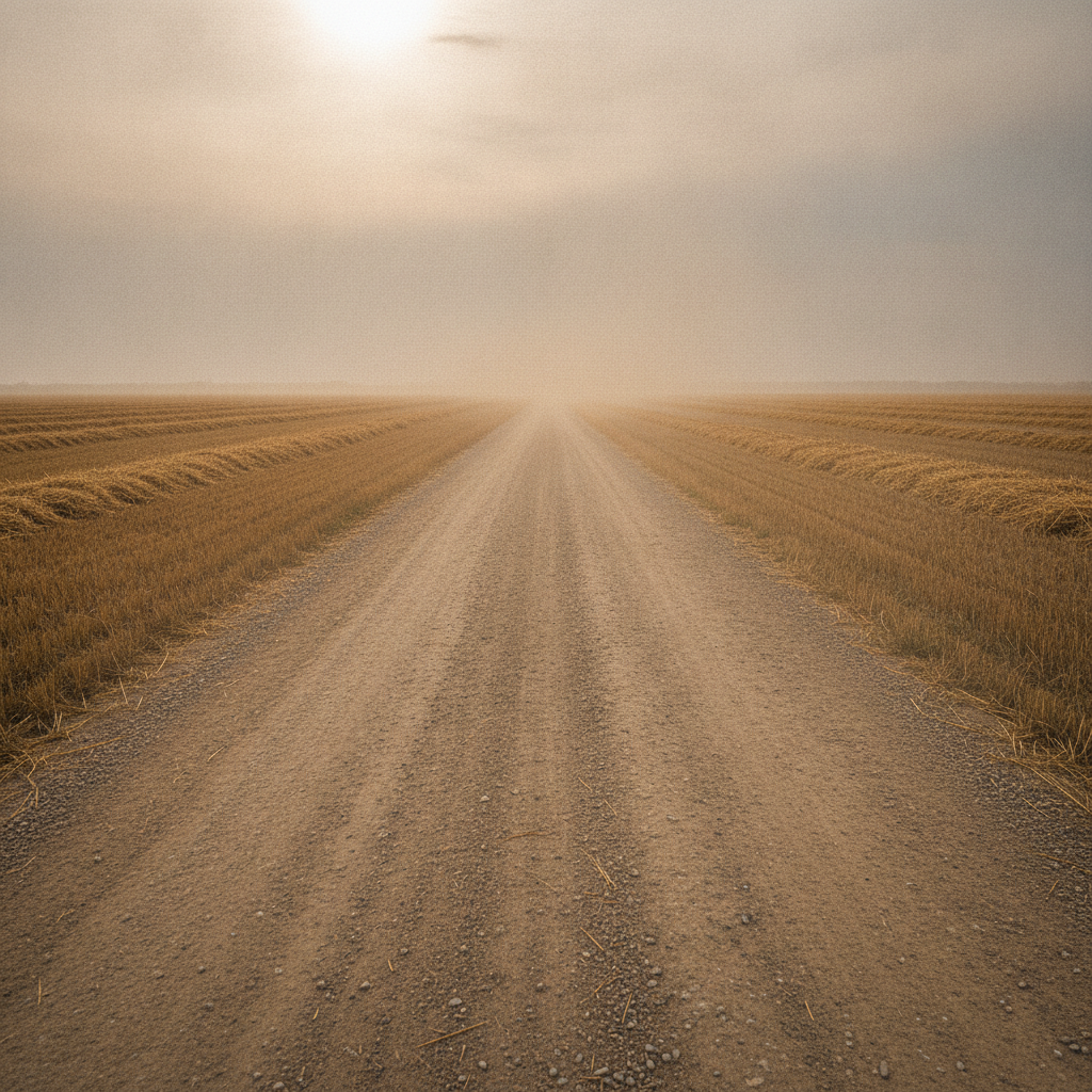 dusty prairie gravel road between harvested grain fields in autumn