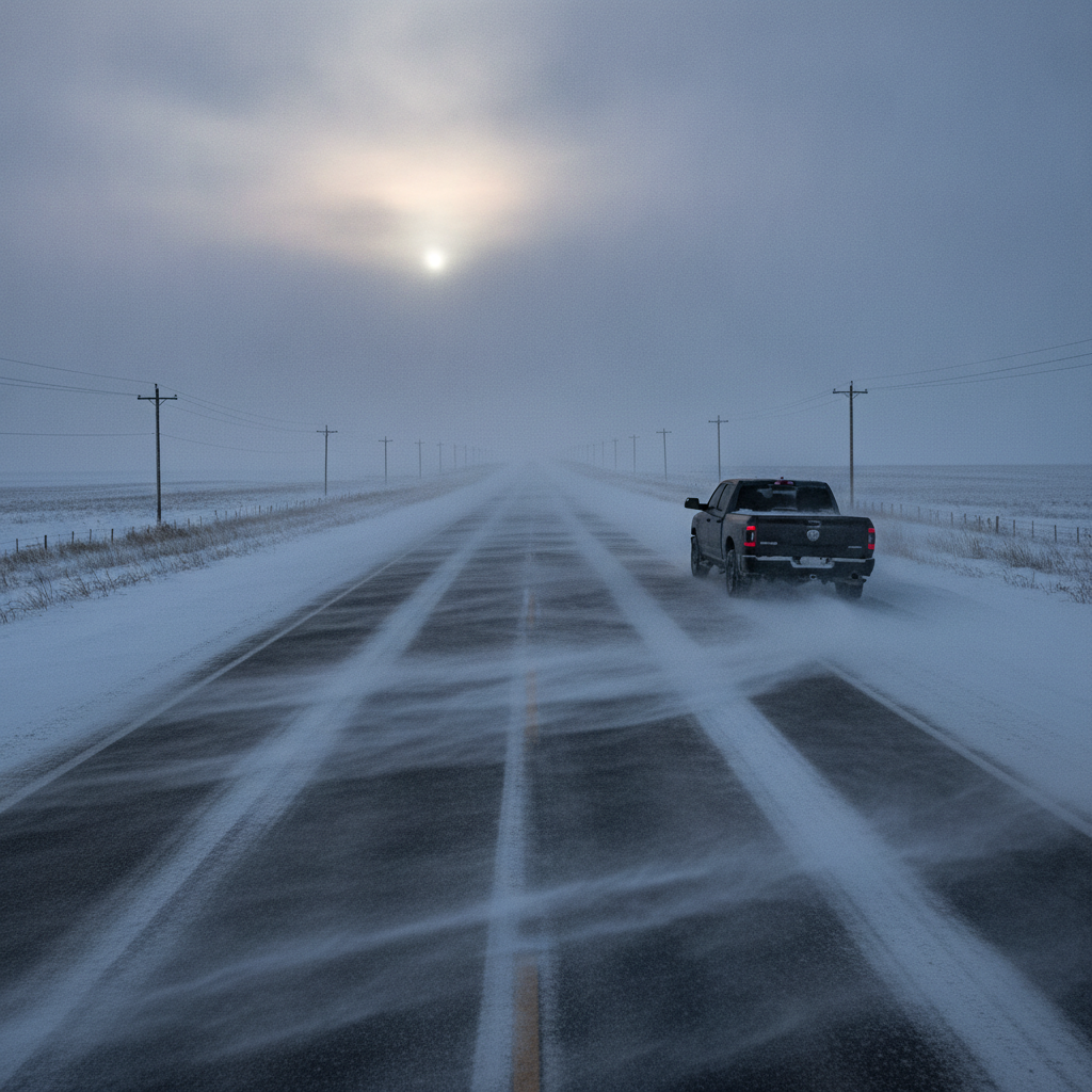 blowing snow drifting across an empty two lane prairie highway at dusk