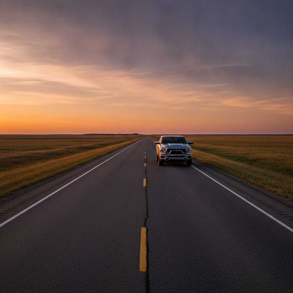 two lane prairie highway with crisp lane markings stretching toward the horizon at dusk